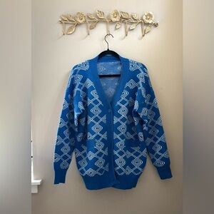Blue Jacquard Knitted Cardigan